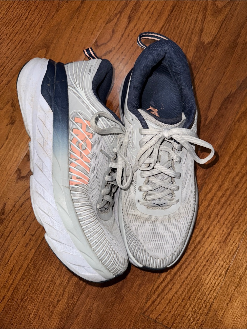Hoka Women's Cream & Navy Running Shoes with Coral Logo